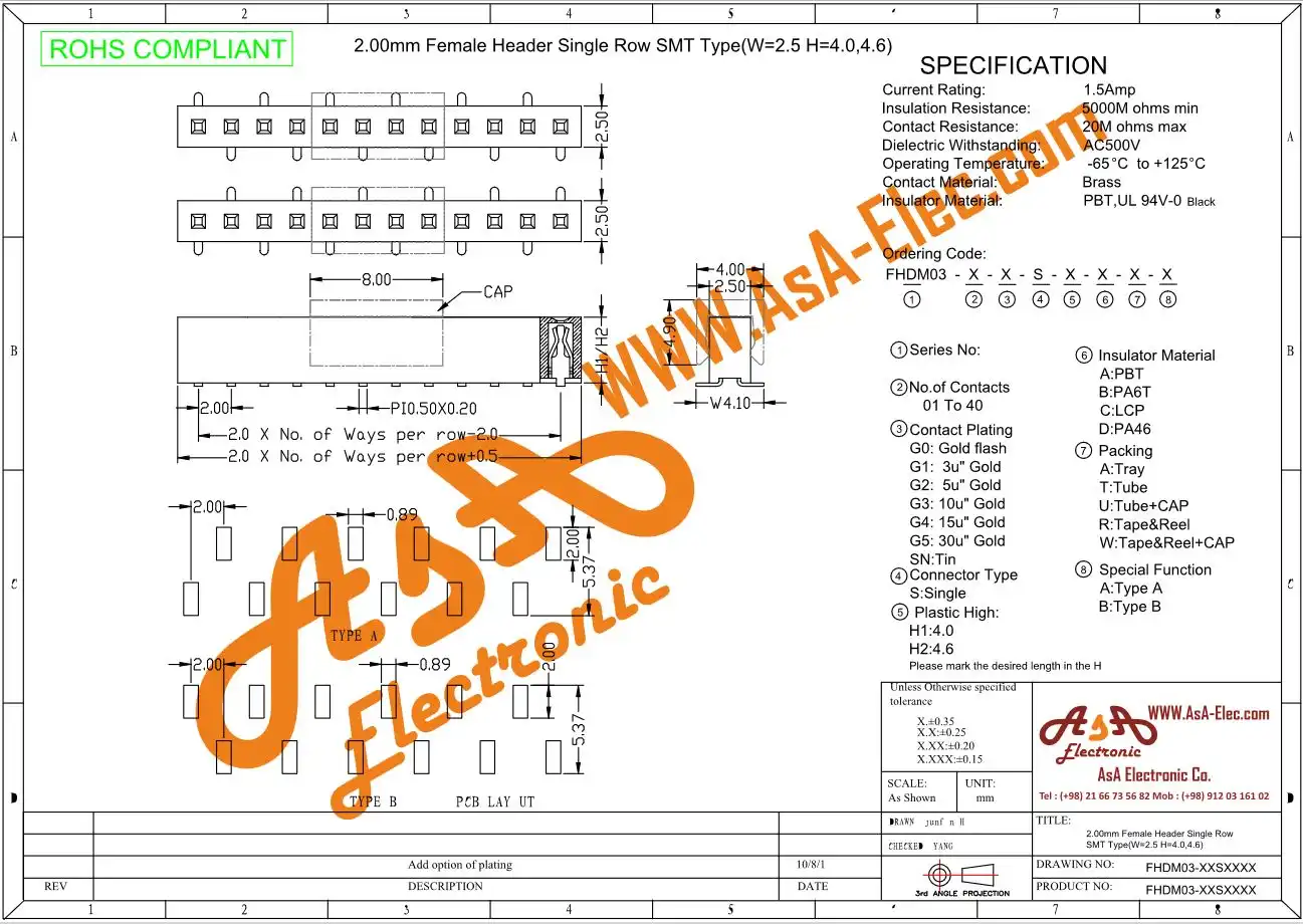 پین هدر 40*1 مادگی اتصال سطحی 2.00 میلیمتر SMD